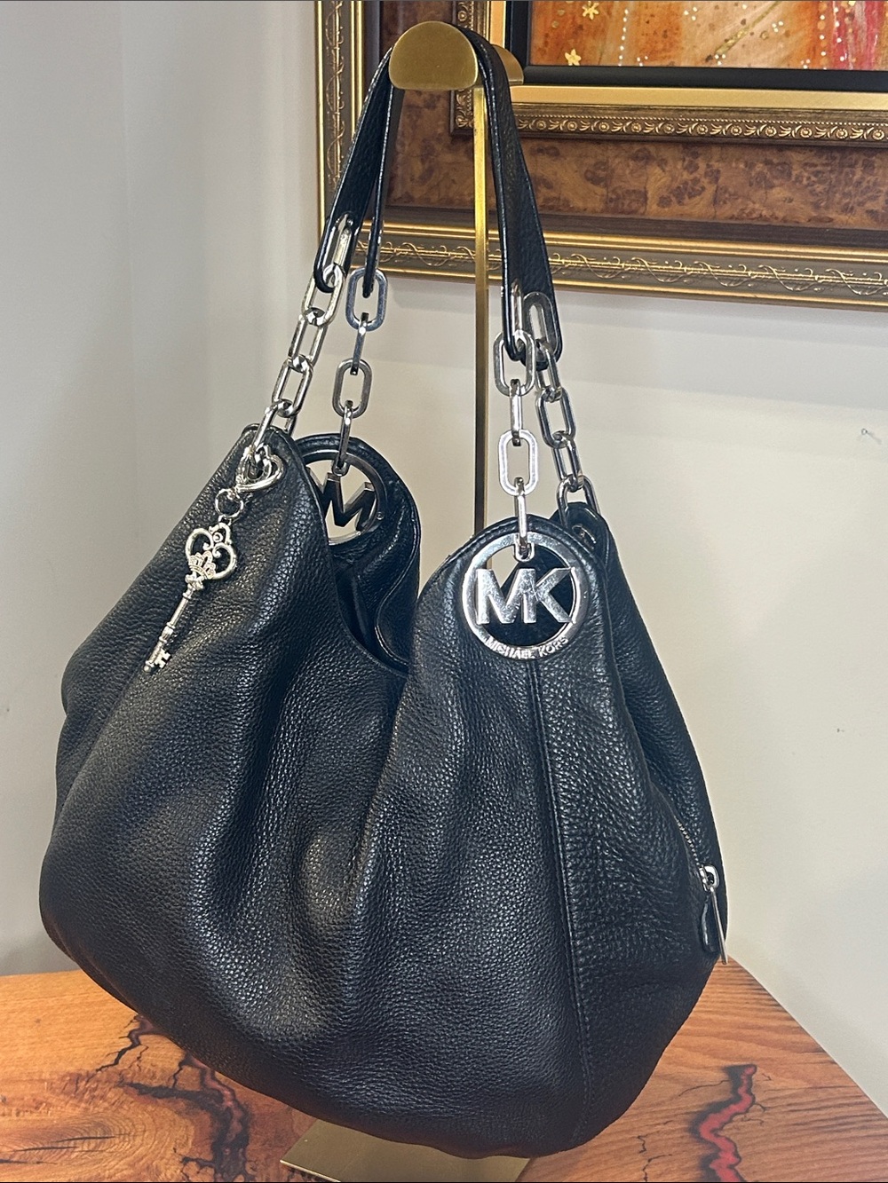 Michael Kors Black Pebbled Leather Hobo with Silver Hardware 15”x 3.25”x 11” EUC